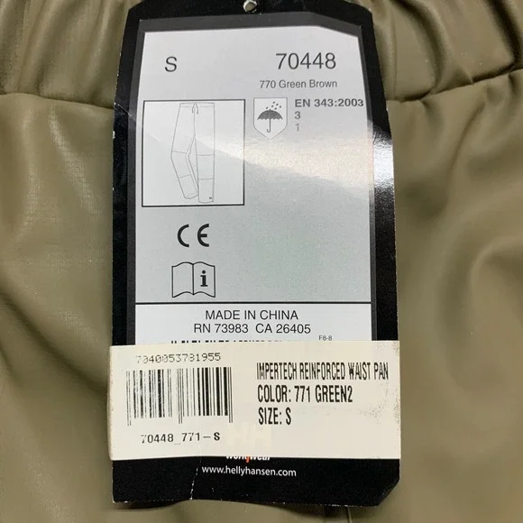 NWT New Helly Hansen Impertech Reinforced Waist Pant Men's S Green/Brown